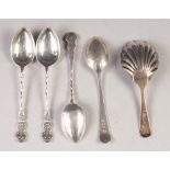 VICTORIAN SILVER CADDY SPOON, with fluted scallop shell shaped bowl, Exeter 1858; SET OF THREE