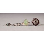 SILVER, MARCASITE AND GARNET FLORAL CLUSTER RING, and three other SILVER RINGS (4)