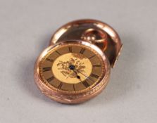 LADY'S 9K GOLD FOB WATCH WITH KEY WIND MOVEMENT, engraved gold roman dial and foliate engraved case,