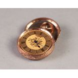 LADY'S 9K GOLD FOB WATCH WITH KEY WIND MOVEMENT, engraved gold roman dial and foliate engraved case,