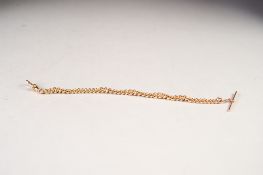 9ct GOLD WATCH CHAIN, with curb pattern links, clips and guard, 7 3/4" long, 16.5gms