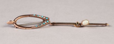 EDWARDIAN 9ct GOLD 'WISHBONE' BROOCH, set with graduated turquoise, 1 1/2" long, Chester 1902, 2.