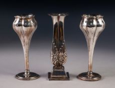 PAIR OF EDWARDIAN WEIGHTED SILVER TULIP FORM POSY VASES, Birmingham 1906 and a single weighted