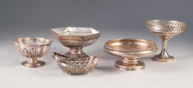 FIVE EDWARD VII AND LATER SILVER BON BON DISHES, comprising: FOUR OF PEDESTAL FORM, Sheffield