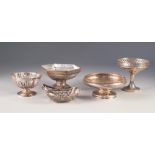 FIVE EDWARD VII AND LATER SILVER BON BON DISHES, comprising: FOUR OF PEDESTAL FORM, Sheffield