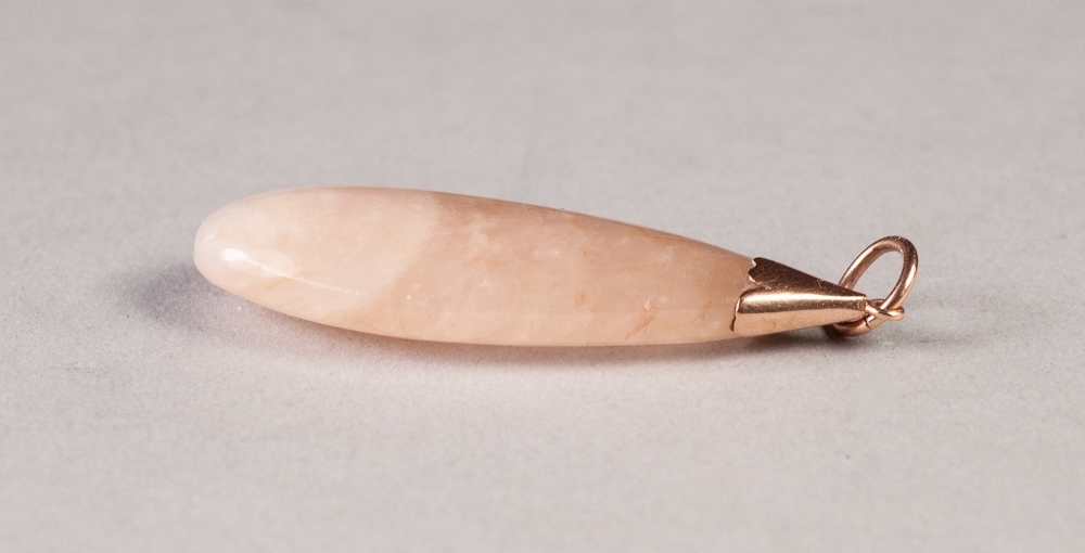 LARGE ROSE QUARTZ TEAR SHAPED PENDANT, with 9ct gold pointed cap and ring hanger, 2 1/4" long