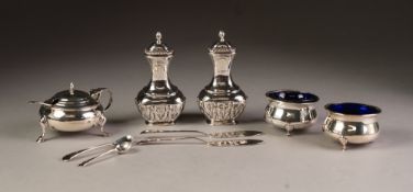 PAIR OF EARLY 20th CENTURY SILVER PEPPERETTES, Chester 1911, also a PAIR OF SALT CELLARS with blue