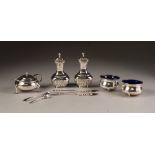 PAIR OF EARLY 20th CENTURY SILVER PEPPERETTES, Chester 1911, also a PAIR OF SALT CELLARS with blue