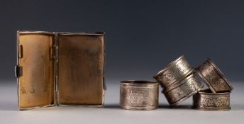 EDWARD VII SET OF FOUR SCROLL ENGRAVED SILVER NAPKIN RINGS, Birmingham 1903, together with