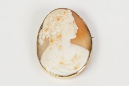 9ct GOLD MOUNTED CARVED SHELL CAMEO OVAL BROOCH of a classical female bust