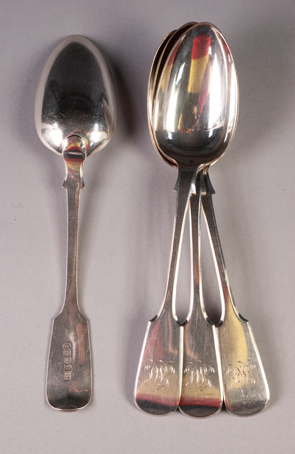 SET OF FOUR VICTORIAN EXETER SILVER FIDDLE PATTERN TABLE SPOONS by Robert, James and Josiah