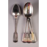 SET OF FOUR VICTORIAN EXETER SILVER FIDDLE PATTERN TABLE SPOONS by Robert, James and Josiah