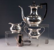 20th CENTURY ELECTROPLATED THREE PIECE TEA SERVICE, also a PLATED CAFE AU LAIT POT