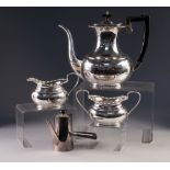 20th CENTURY ELECTROPLATED THREE PIECE TEA SERVICE, also a PLATED CAFE AU LAIT POT