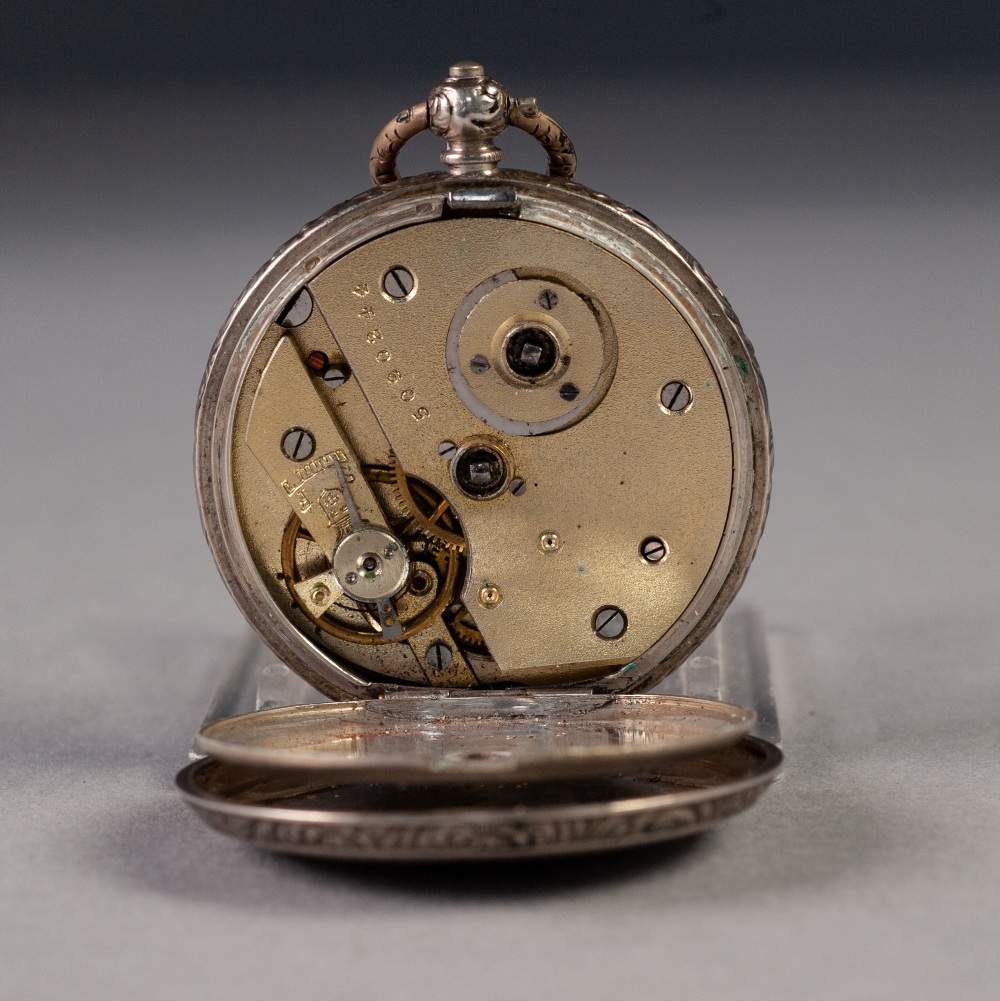 LADY'S SILVER COLOURED METAL POCKET WATCH with key wind movement, gilt decorated porcelain roman - Image 2 of 3