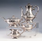 MODERN SILVER FOUR PIECE ENGRAVED SILVER TEA AND COFFEE SET IN THE GEORGIAN STYLE, of lobated form