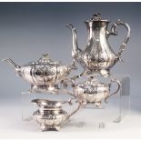 MODERN SILVER FOUR PIECE ENGRAVED SILVER TEA AND COFFEE SET IN THE GEORGIAN STYLE, of lobated form