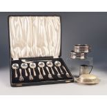 THIRTEEN PIECE CASED SET OF ELECTROPLATED DESSERT CUTLERY FOR SIX PERSONS, AND THE MATCHING