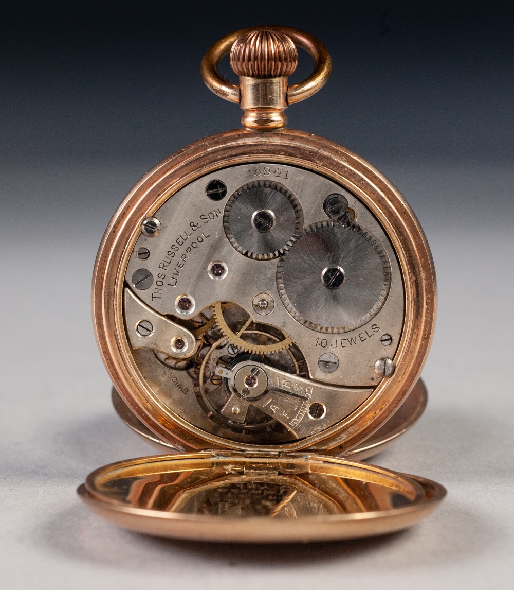 THOMAS RUSSELL & SON, LIVERPOOL ROLLED GOLD HUNTER POCKET WATCH with Swiss keyless movement, white - Image 2 of 3