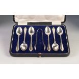 GEORGE V CASED SET OF SIX SILVER TEASPOONS AND MATCHING SUGAR TONGS, Birmingham 1931, 3oz,