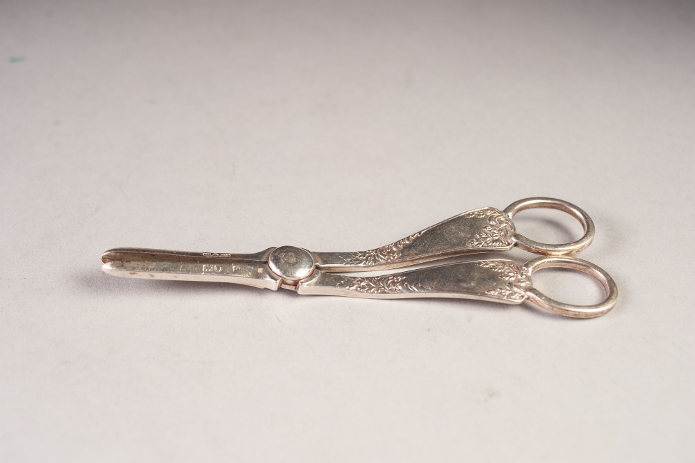 LATE VICTORIAN PAIR OF SILVER GRAPE SCISSORS, of typical form, with embossed floral handles, 6 ¼" (