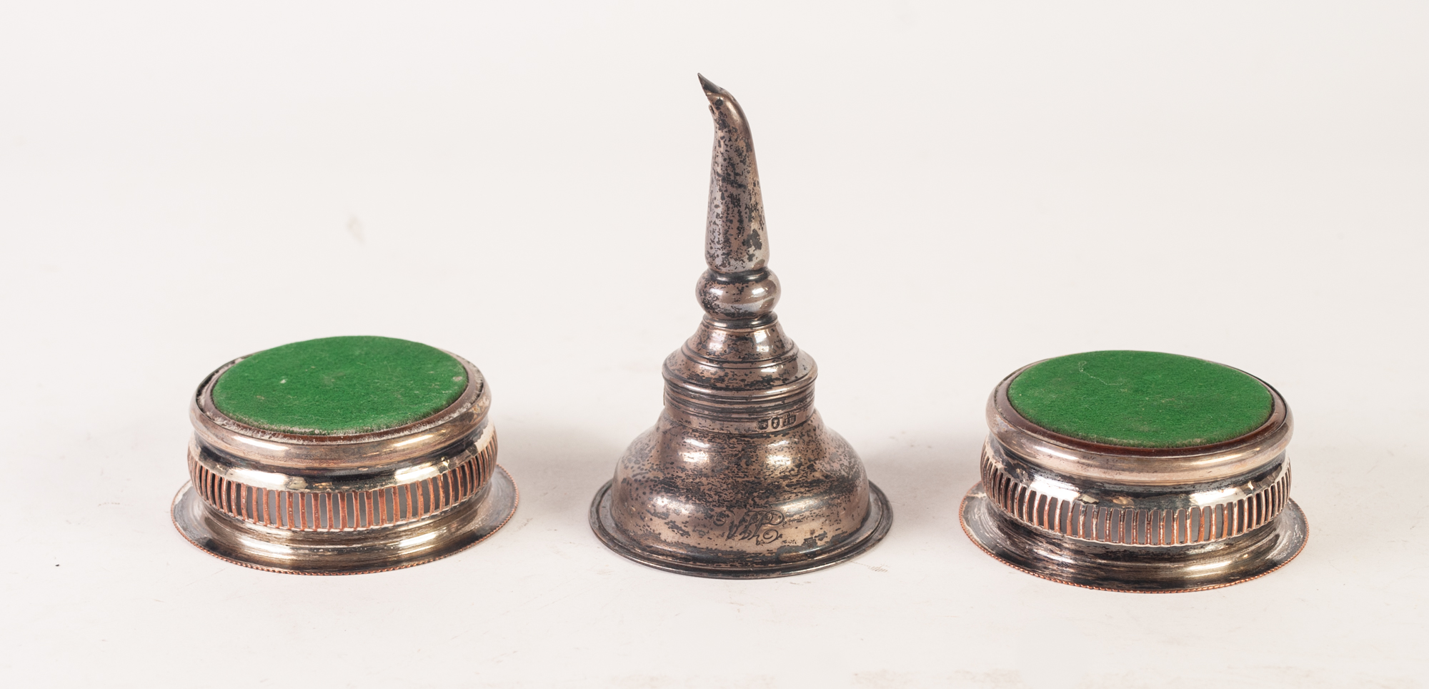 A GEORGE III SILVER WINE FUNNEL, London 1812, also a PAIR OF SMALL PLATED ON COPPER WINE GLASS