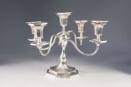 GOOD ELECTROPLATED FIVE LIGHT CANDELABRUM, with fluted sconces and octagonal drip pans on four