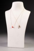 18ct GOLD FINE CHAIN NECKLACE with single pink coral bead front flanked by two tiny gold beads,