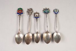 FIVE HALLMARKED SILVER SOUVENIR SPOONS, with tops shaped and enamelled with City crests including