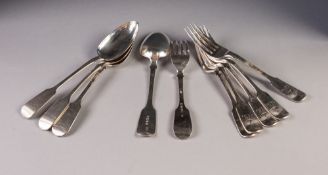 SET OF SIX EARLY VICTORIAN SILVER FIDDLE PATTERN TABLE FORKS, crested beneath cursive initials C.C.