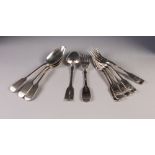 SET OF SIX EARLY VICTORIAN SILVER FIDDLE PATTERN TABLE FORKS, crested beneath cursive initials C.C.