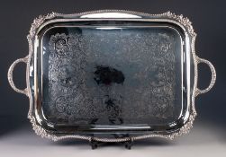 MODERN SILVER PLATED ON COPPER TWO HANDLED TEA TRAY, of rounded oblong form with scroll engraved