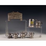 FOUR PEWTER SMALL BELLY MEASURES, together with a SIMILAR, LIDDED MUSTARD, an ELECTROPLATED HALF