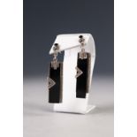 A PAIR OF ART DECO PERIOD SILVER AND MARCASITE RECTANGULAR DROP EARRINGS, each with a black onyx