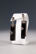 A PAIR OF ART DECO PERIOD SILVER AND MARCASITE RECTANGULAR DROP EARRINGS, each with a black onyx