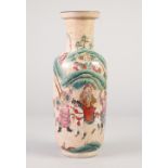 CHINESE QING DYNASTY 'CRACKLE' WARE ROULEAU SHAPE VASE, polychrome enamelled with figures on