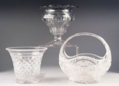 GOOD QUALITY CUT GLASS BASKET PATTERN BOWL, with overhead handle, 10" (25.4cm) high, together with a