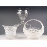 GOOD QUALITY CUT GLASS BASKET PATTERN BOWL, with overhead handle, 10" (25.4cm) high, together with a