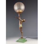 ART DECO COLD PAINTED SPELTER FIGURAL TABLE LAMP, modelled as a female figure in stylised pose