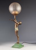 ART DECO COLD PAINTED SPELTER FIGURAL TABLE LAMP, modelled as a female figure in stylised pose