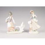 TWO LLADRO PORCELAIN GROUPS OF YOUNG GIRLS AND BIRDS, one modelled standing beside a tree stump with