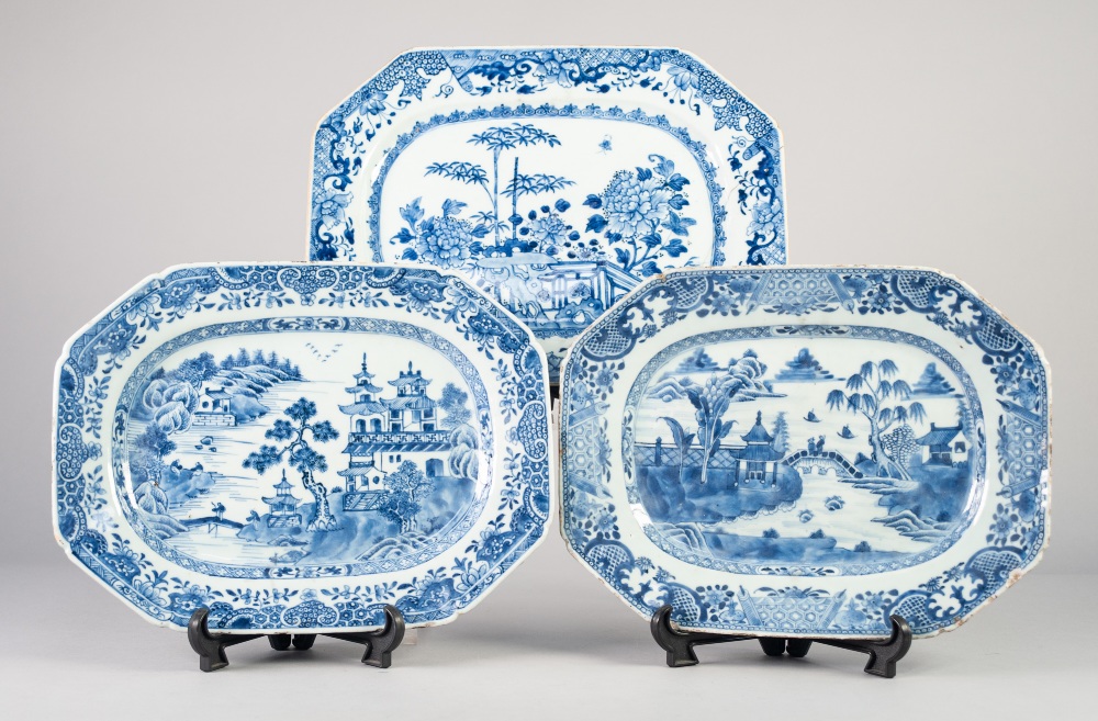 THREE 19th CENTURY CHINESE NANKING PORCELAIN BLUE AND WHITE CANTED-OBLONG DISHES, 13 1/2" (34.5cm)