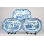 THREE 19th CENTURY CHINESE NANKING PORCELAIN BLUE AND WHITE CANTED-OBLONG DISHES, 13 1/2" (34.5cm)