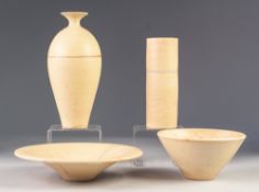 FOUR PIECES OF MODERN STUDIO POTTERY IN MATCHING OATMEAL GLAZE, comprising: TWO VASES and TWO