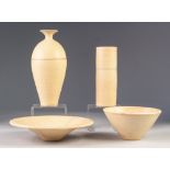 FOUR PIECES OF MODERN STUDIO POTTERY IN MATCHING OATMEAL GLAZE, comprising: TWO VASES and TWO