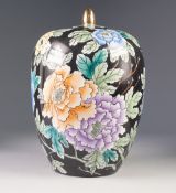 MODERN ORIENTAL PORCELAIN LARGE GINGER JAR AND COVER, of ovoid form with gilt knopped cover, painted