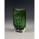 GEOFFREY BAXTER FOR WHITEFRIARS GLASS, 1960's GREEN CASED 'MOBILE PHONE' VASE, 6 ½" (16.5cm) high