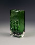 GEOFFREY BAXTER FOR WHITEFRIARS GLASS, 1960's GREEN CASED 'MOBILE PHONE' VASE, 6 ½" (16.5cm) high