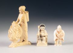 THREE EARLY TWENTIETH CENTURY CARVED IVORY FIGURES, comprising: NETSUKE OF AN OLD MAN, with