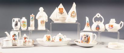 FIFTEEN PIECES OF MINIATURE CRESTED CHINA, including: CARLTON CHINA COLCHESTER 'SAUCY SUE' YACHT,